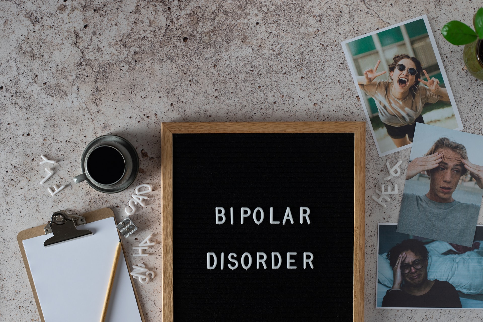 Bipolar Disorder with pictures of people showing high and low mood